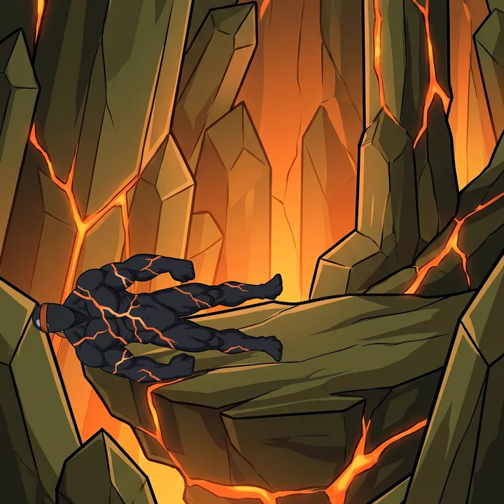 Magnus lying on a ledge in a crystal cave, taking a break