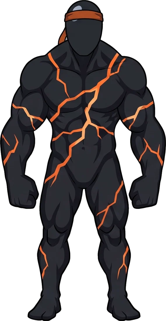 Magnus, a charcoal rock strongman with glowing lava cracks and an orange headband