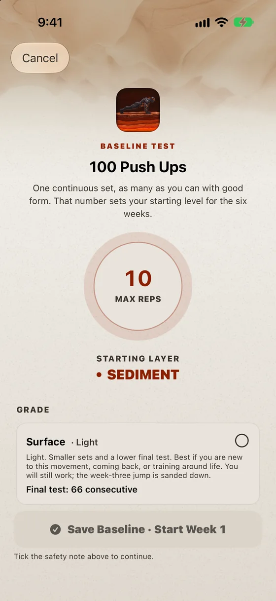 Mantle's baseline test: one continuous set, as many as you can with good form, sets your starting level