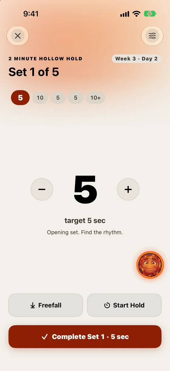 The session runner on the hollow hold: set 1 of 5, target 5 seconds